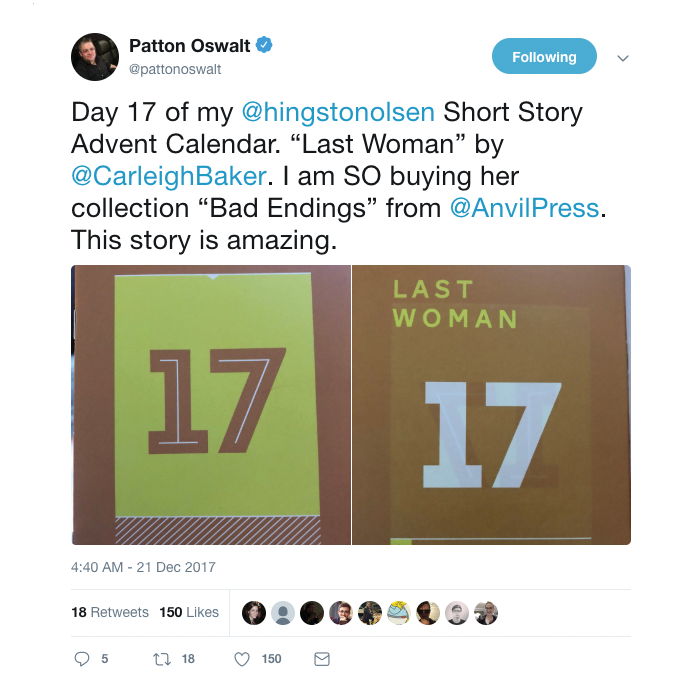 Patton Oswalt’s 2017 tweet praising Carleigh Baker’s story Last Woman